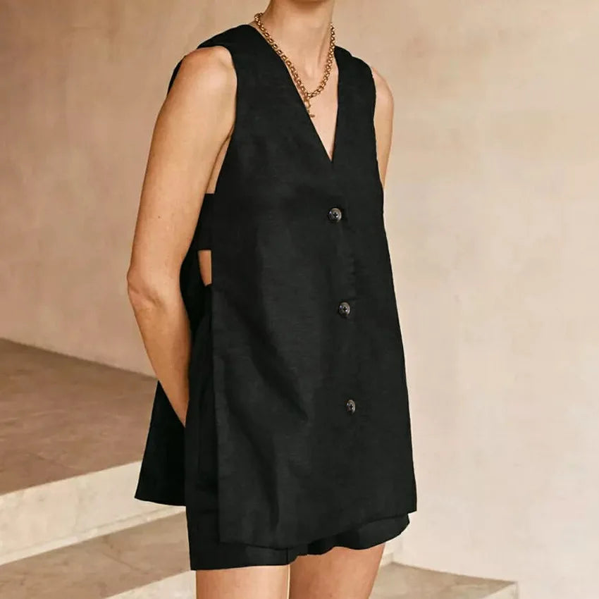 New 100% Cotton Women Suits 2 Pieces Sets V Neck Sleeveless Buttons Vest Blazer+High Waist Shorts Lady Office Tracksuit black CN