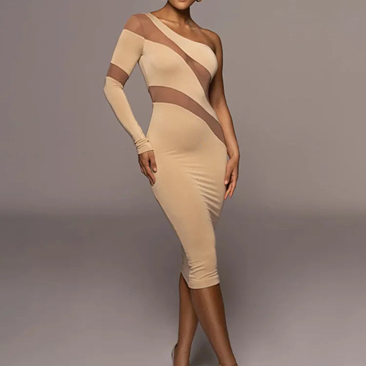 CNYISHE One Shoulder Mesh Sheer Midi Dress for Women Party Club Elegant Dresses Autumn Fashion Streetwear Sexy Slim Dress Robes