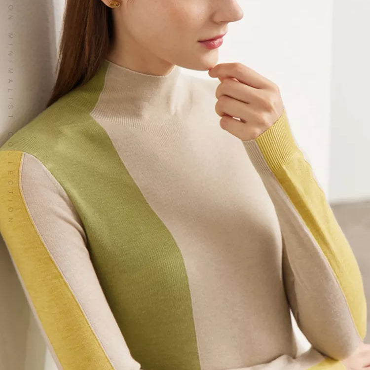 Minimalism Knitted Sweater Women Autumn All-match Slim Half High Collar Splicing Design Soft Clothing Tops