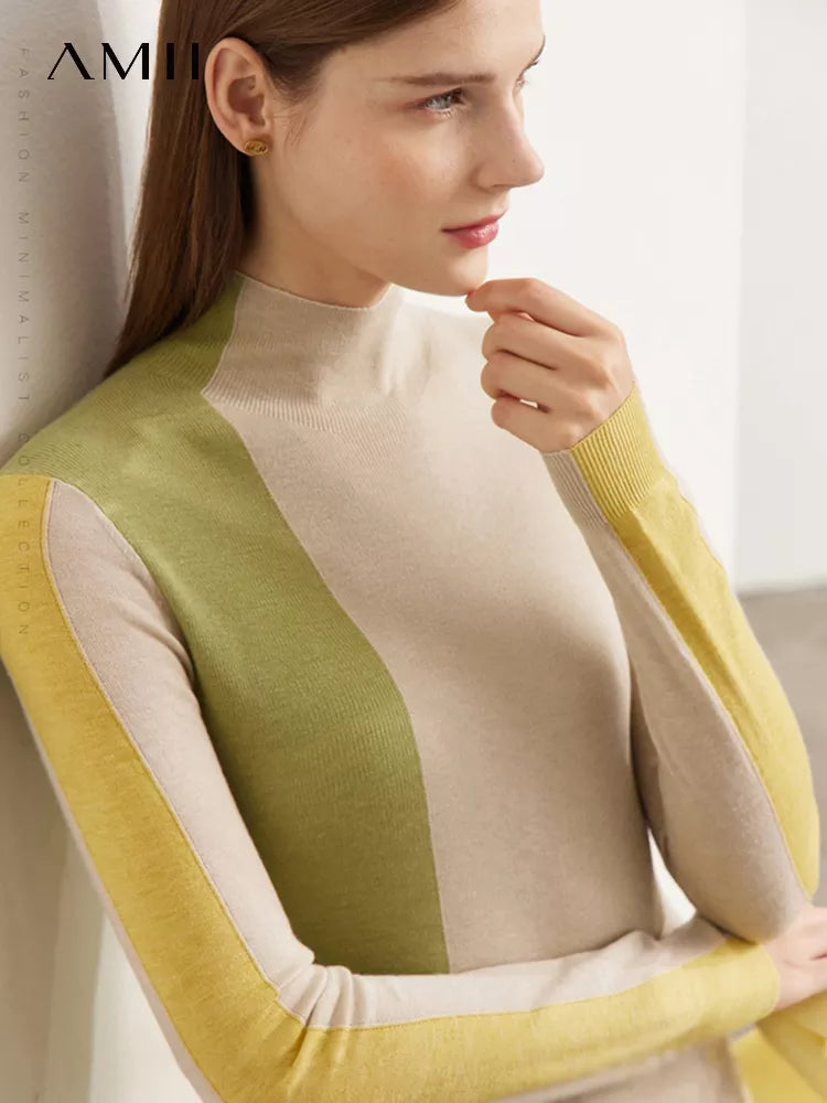 Minimalism Knitted Sweater Women Autumn All-match Slim Half High Collar Splicing Design Soft Clothing Tops