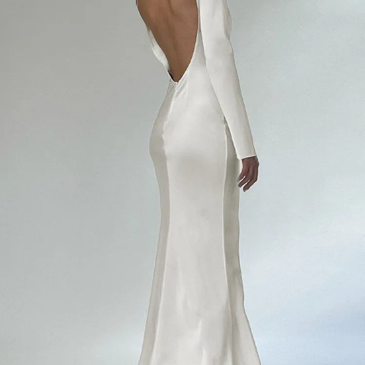 JULISSA MO Elegant Solid O-Neck Long Sleeve Backless Maxi Dress For Women 2023 Autumn Chic Silver Slim Long Dress Outfits