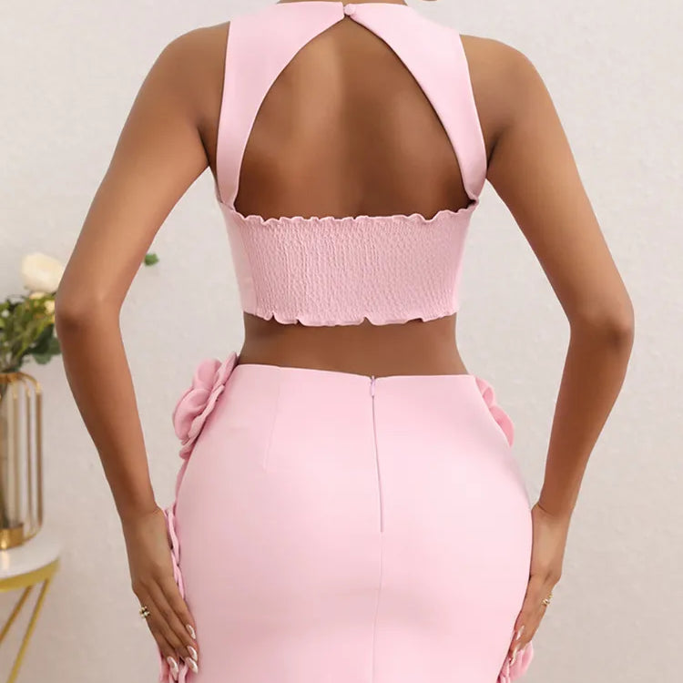 Women Celebrity Sexy Tank Flower Backless Pink Mini Summer Skirt Set 2024 Elegant Evening Club Party Outfits