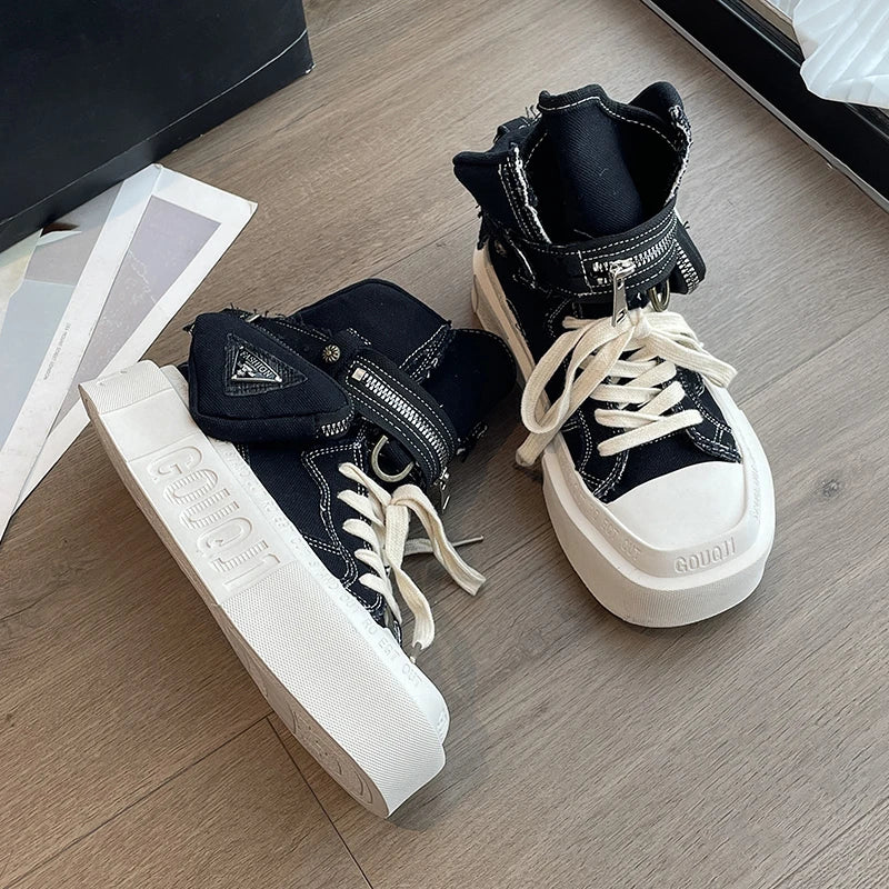 New Women's Ankle Boots Fashion Cowboy Knight Boot Punk Gothic Classic Denim Canvas Shoes Short Goth Platform Shoes black