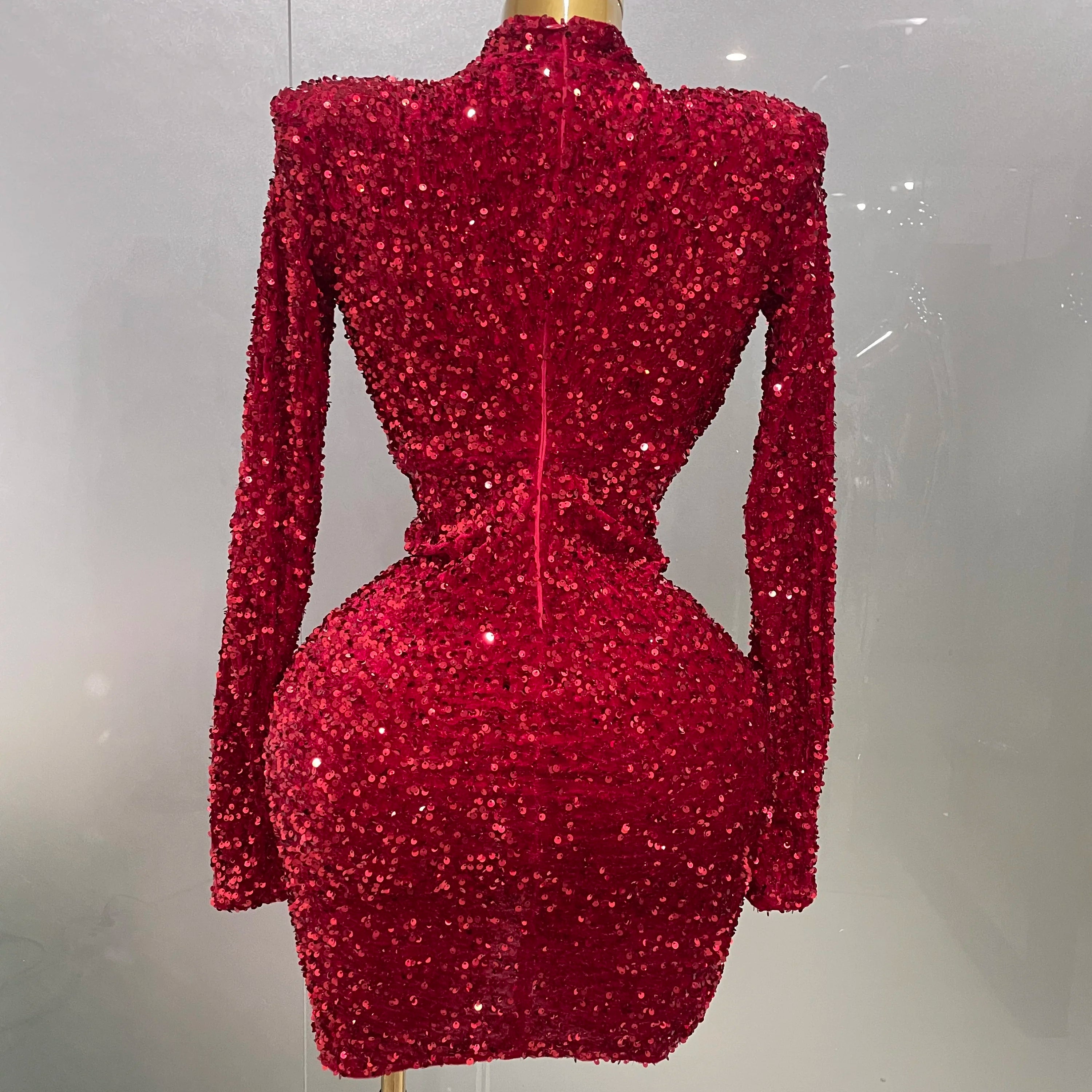 Sexy Sparkly Red Sequins Long Sleeve Short Dress 2025 New Women Evening Celebrate Birthday Party Club Performance Stage Costume