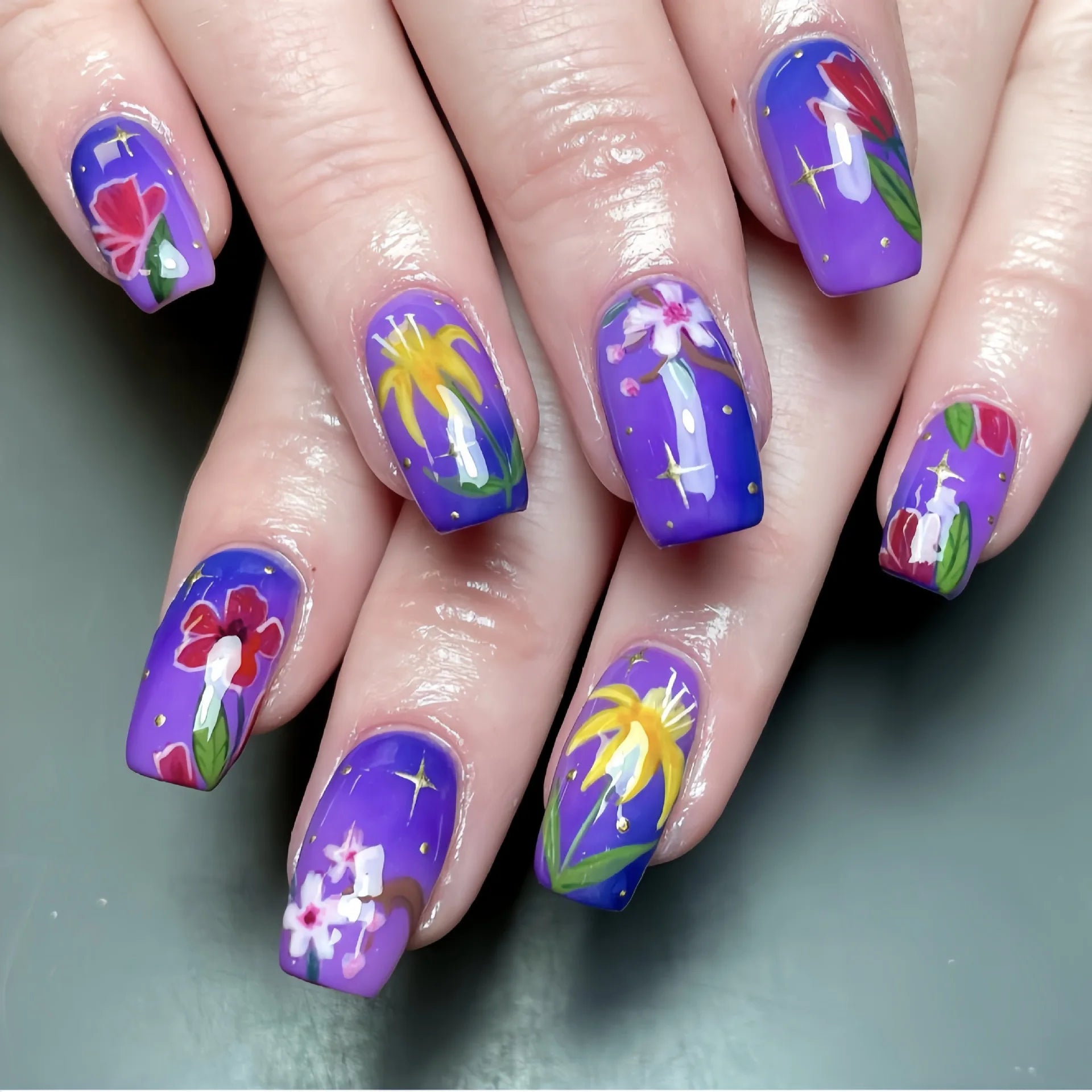 24pcs/set Medium long fake nails square ballet tips flowers butterfly for spring summer season blue green press on false nail