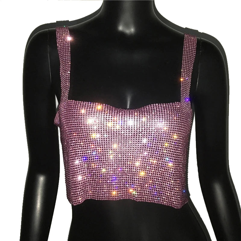 Bling Rhinestones Party Crop Top Fashion Solid Backless Straps Full Diamonds Sequins Cami Cropped Top for Women Pink