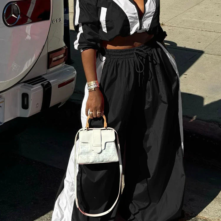 CM.YAYA Active Patchwork Women's Set Zipper Sweatshirt Jacket and Wide Leg Pants Suit 2025 INS Two 2 Piece Sets Outfit Tracksuit