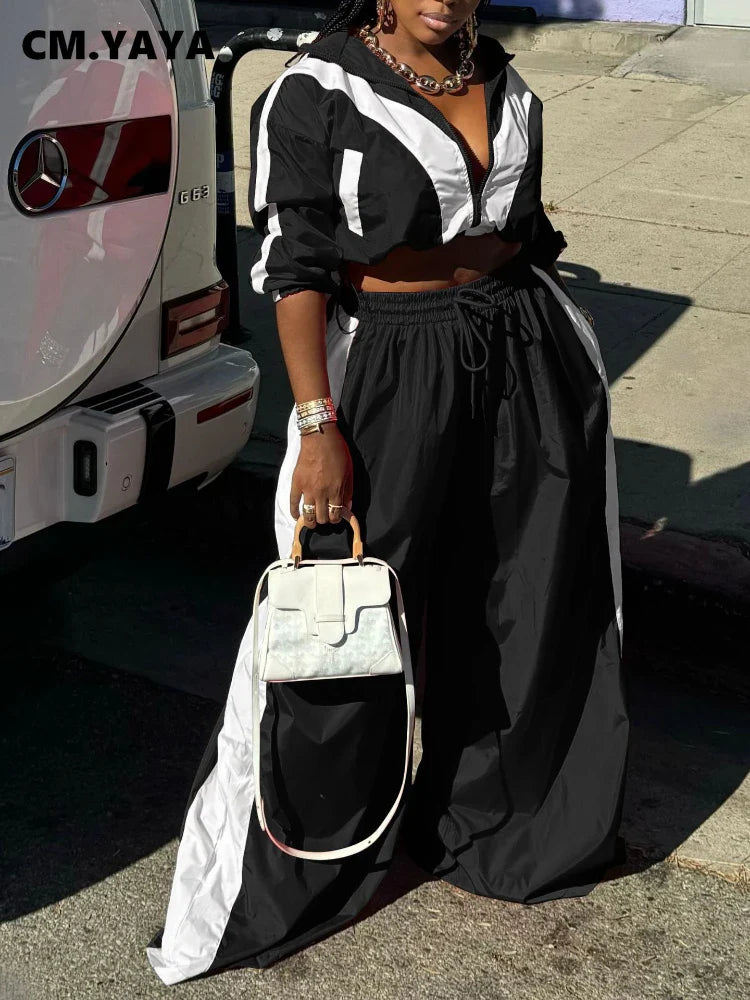 CM.YAYA Active Patchwork Women's Set Zipper Sweatshirt Jacket and Wide Leg Pants Suit 2025 INS Two 2 Piece Sets Outfit Tracksuit