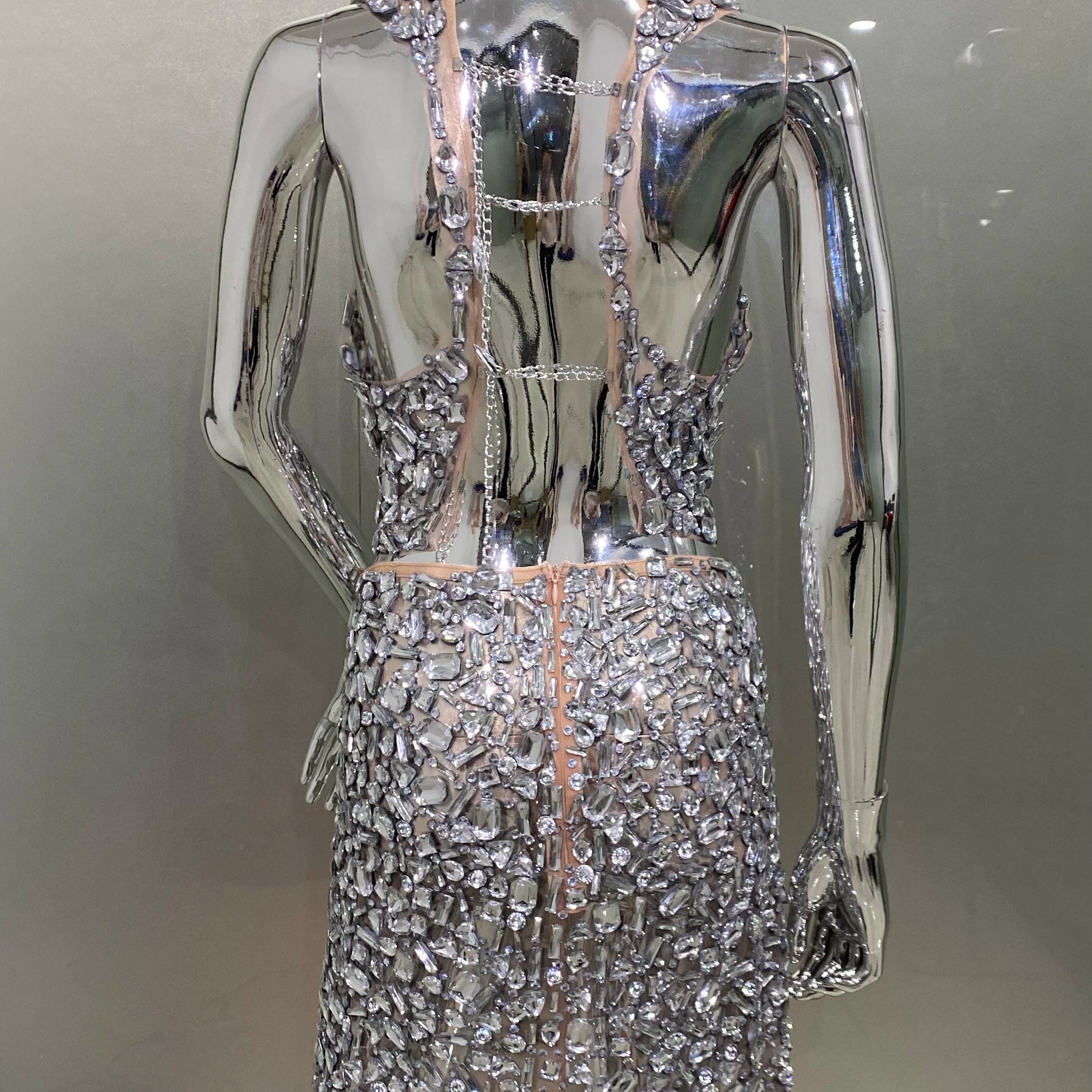 High Quality Sparkling Diamonds Sexy See Through Blackless Tank Top And  Skirt 2 Pieces Woman Set Birthday Party Vestido