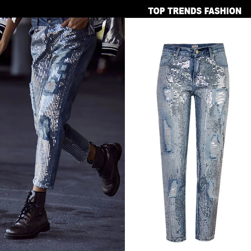 Women's mid rise loose fitting straight denim cropped pants with trendy metal colored worn holes beads Sequin decoration jeans