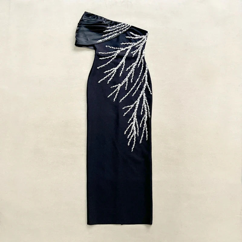 Black White Color Women Sexy One Shoulder Shinning Crystal Bodycon Long Bandage Dress Fashion Elegant Evening Party Outfit