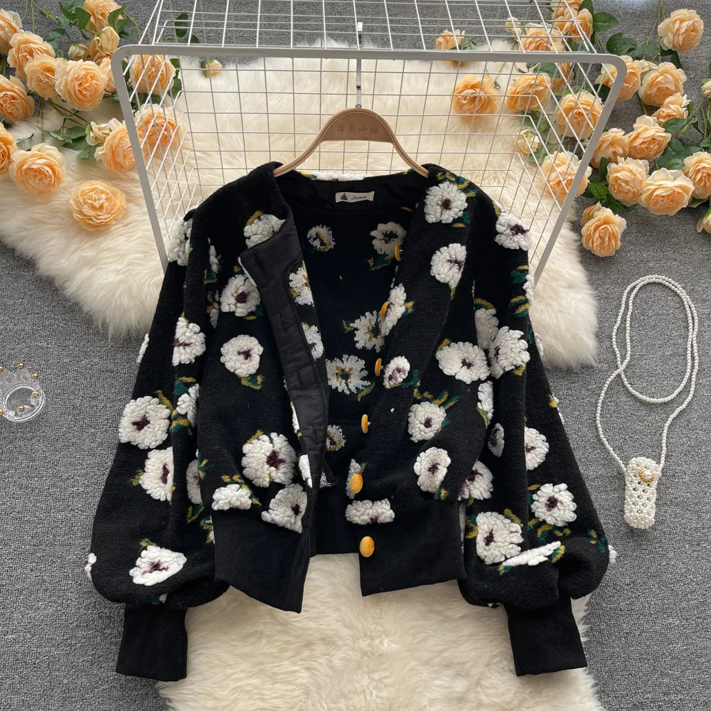 Sweet Long Sleeve Single Breasted Short Jacket Retro Three-dimensional Flower O Neck Clothing Winter 6 Color Coat as shown 1 One Size
