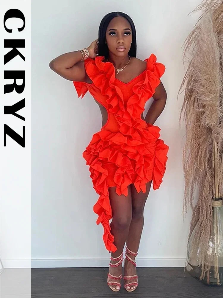 Ladies Autumn Sleeveless V-Neck Backless Sexy Birthday Party Mini Dresses For Women Ruffle New Fashion Clubwear Y2K Baddie Dress
