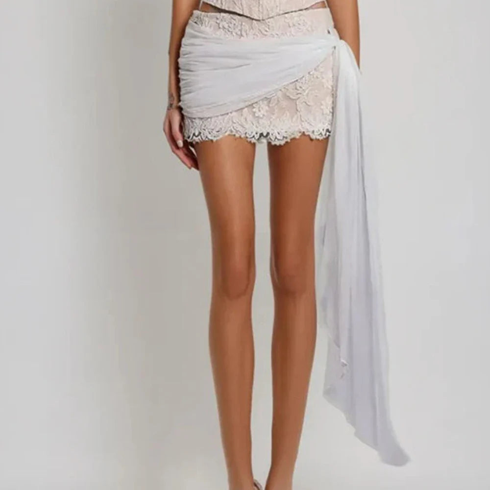 Solid Slimming Two Piece Sets for Women Strapless Sleeveless Spliced Bow Top Patchwork Mesh Skirts Female Clothing