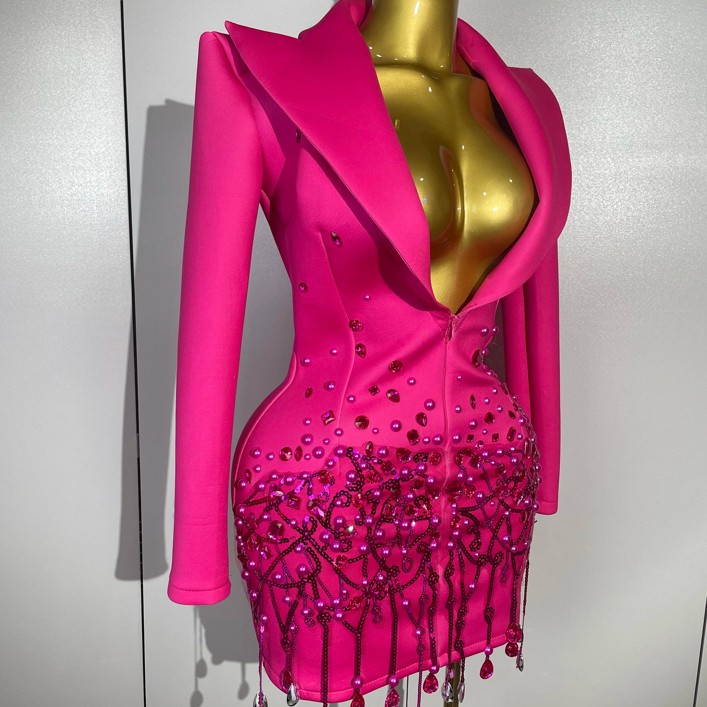 Sparkly Crystal Chains Pearls Long Sleeve Mini Dress 2025 Women Birthday Evening Party Nightclub Outfit Singer Wedding Costume