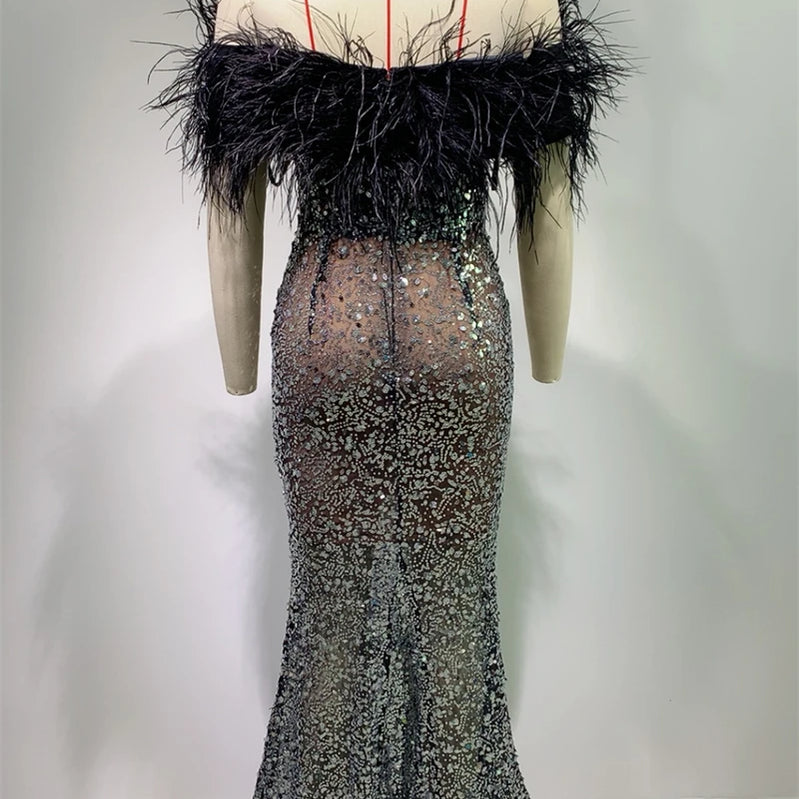 Luxury Feather Dazzling Diamonds Sexy Mesh See Through Black Floor Length Dress Goddess Evening Party Dress Red Carpet Vestido