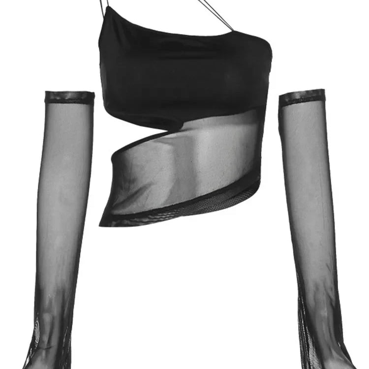 Asymmetrical Cut Out Mesh Crop Top with Sleeves Fairy Grunge Clothes Transparent Camisole Tank Tops