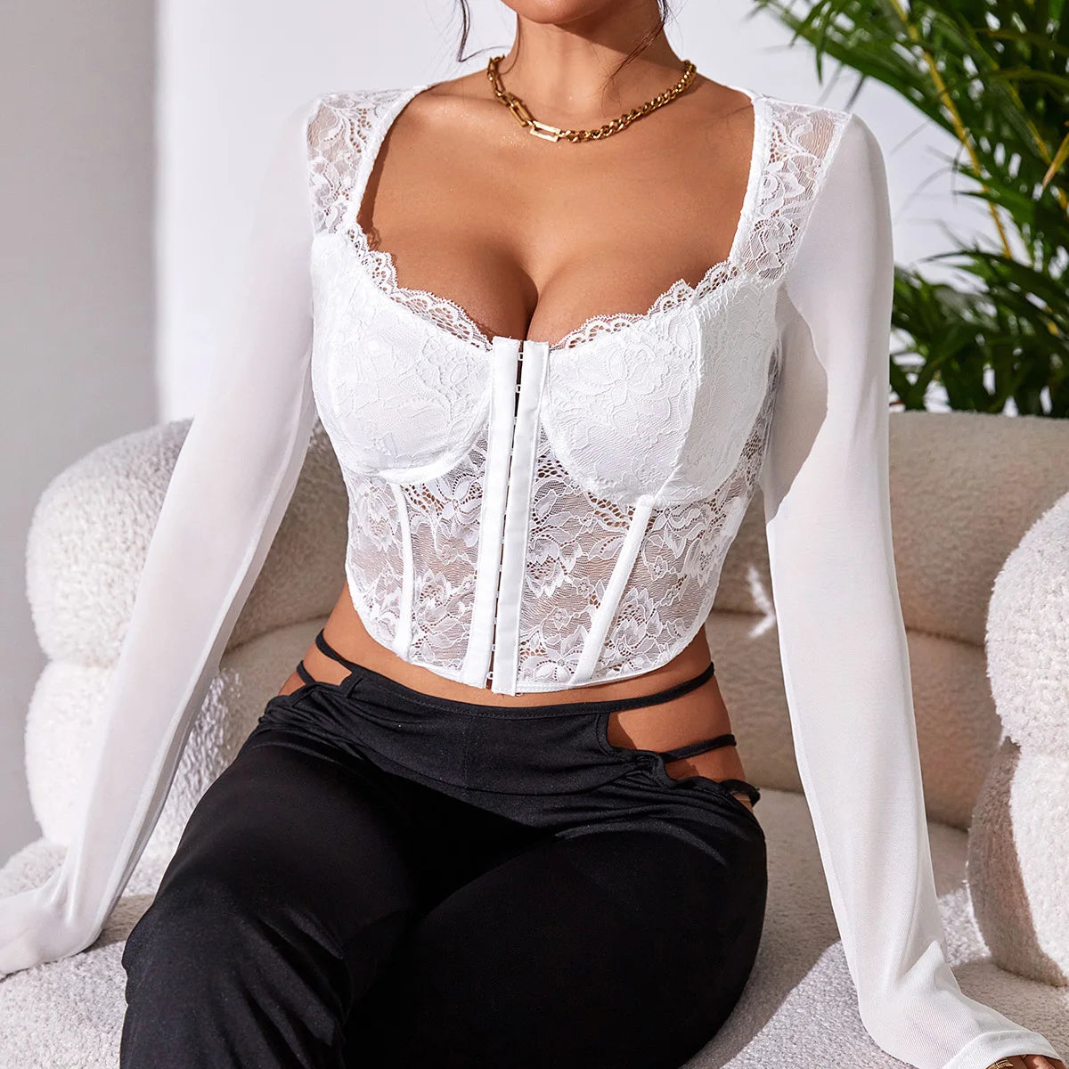Vemina Selection of Autumn Backless Sexy Lace Long Sleeve Women Blouse,Black Embroidery Floral Bare Shoulder Bodycon Crop Top White