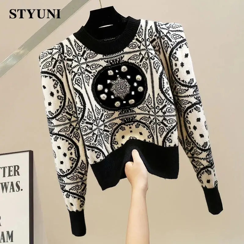 Black Acrylic Knitted Diamonds Beading O-Neck Long Sleeve Women's Sweater Korean Fashion Chic Pullover Sweaters Autumn Winter