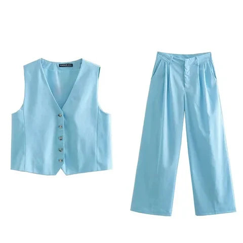 Women Blue Pants 2 Pieces Sets Fashion Linen Vest Tops+Straight Pants Office Suit Vintage Woman Two Pieces Outfit Sets