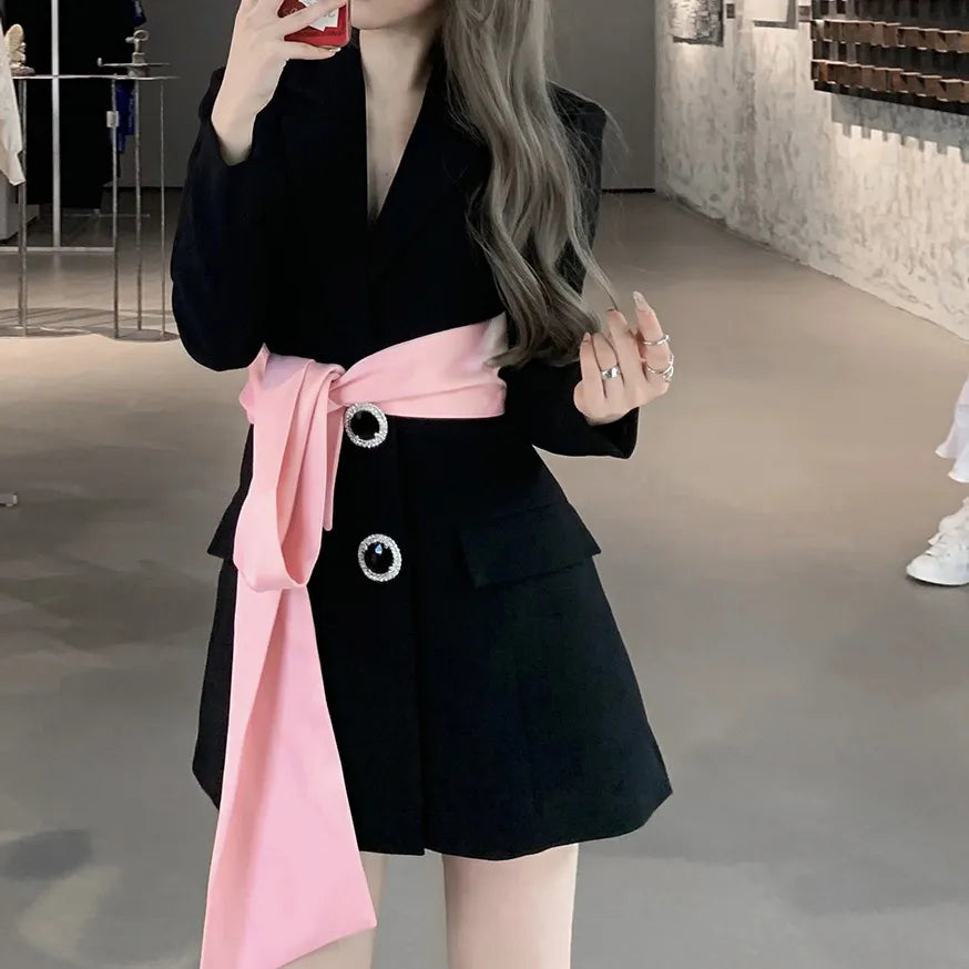 Spring Luxury diamond Suit Blazers Women medium long fashion suit skirt bow long sleeve suit Blazers Cool silver suit 20 colors 9598 Black