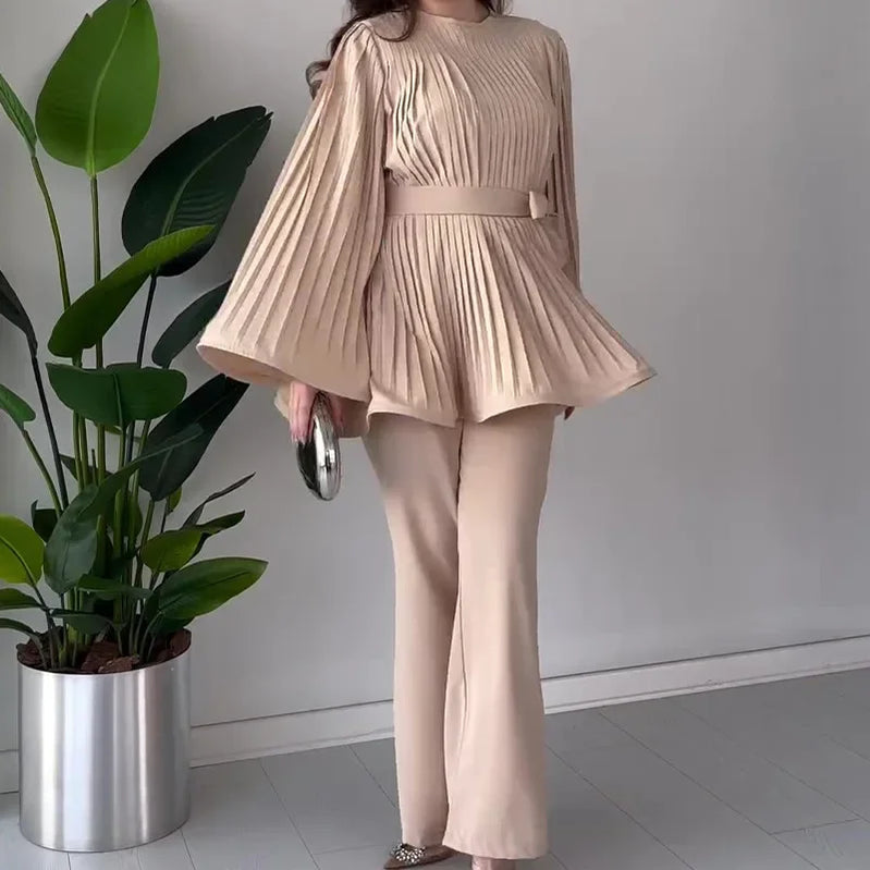 Loose Pleated Top Pants Women Belt Suit Elegant O-neck Long Batwing Sleeve Big Swing Top Wide Leg Pant 2 Piece Sets Outfit apricot