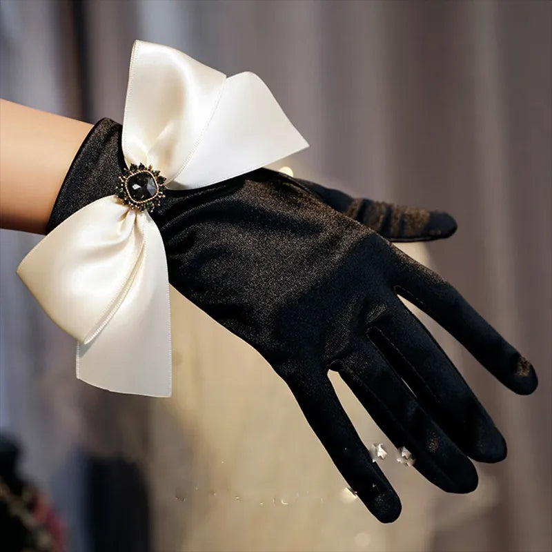 New Original Vintage Gloves Hepburn Black Satin Thin Bowknot Stage Banquet Bride Accessories