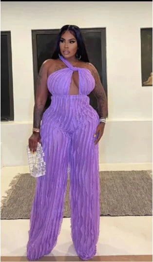CM.YAYA Fashion Ruffles Women Halter Deep V-neck Backless Wide Leg Jumpsuit 2023 Sleeveless Chic Playsuit One Piece Suit Romper Light Purple