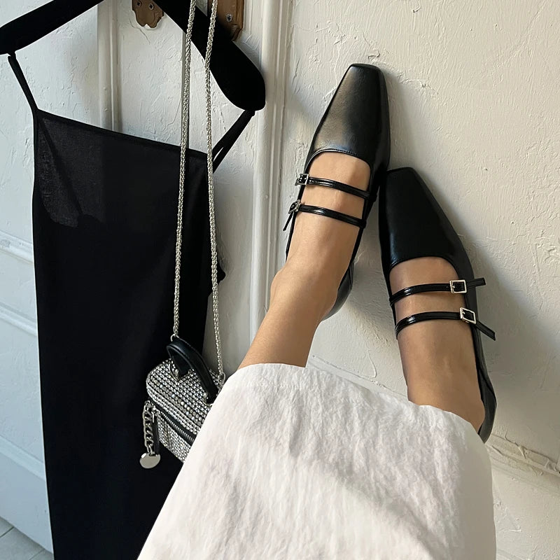 Spring Designer Women Ballet Flats Fashion Elegant Square Toe Slip On Shoes Ladies Comfort Soft Sole Leather Single Shoes black