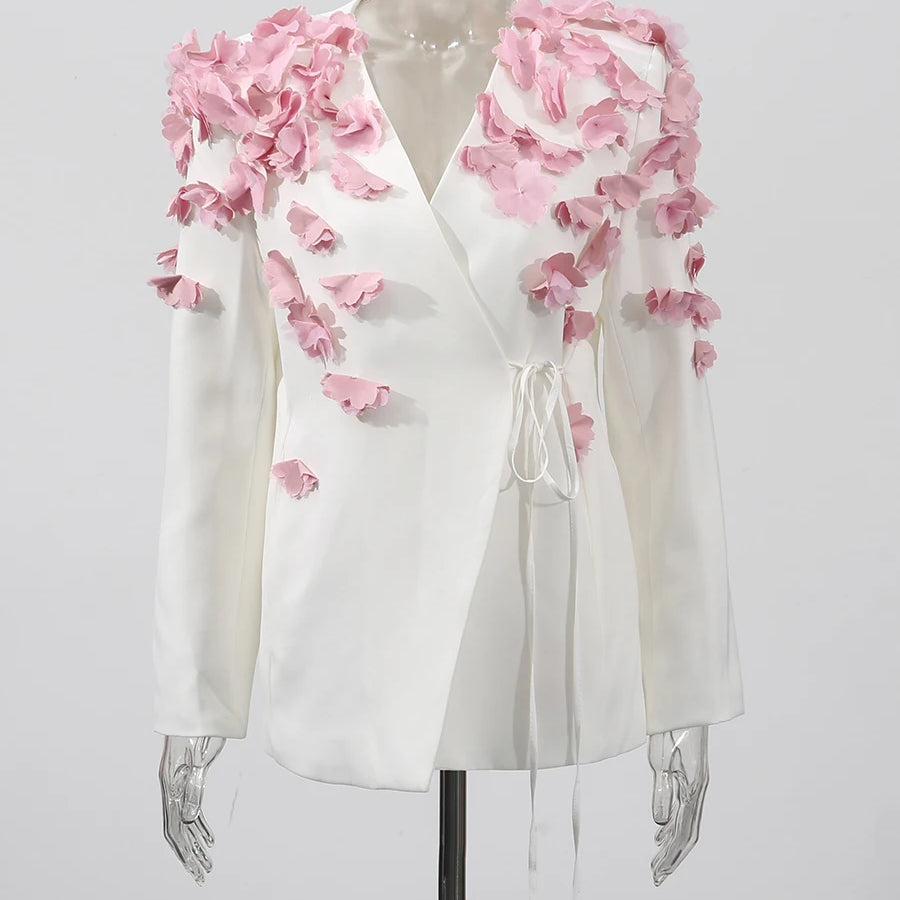 TWOTWINSTYLE Spliced Petal Two Piece Sets for Women V Neck Long Sleeve Patchwork Lace Up Top High Wasit Skirt Elegant Set Female