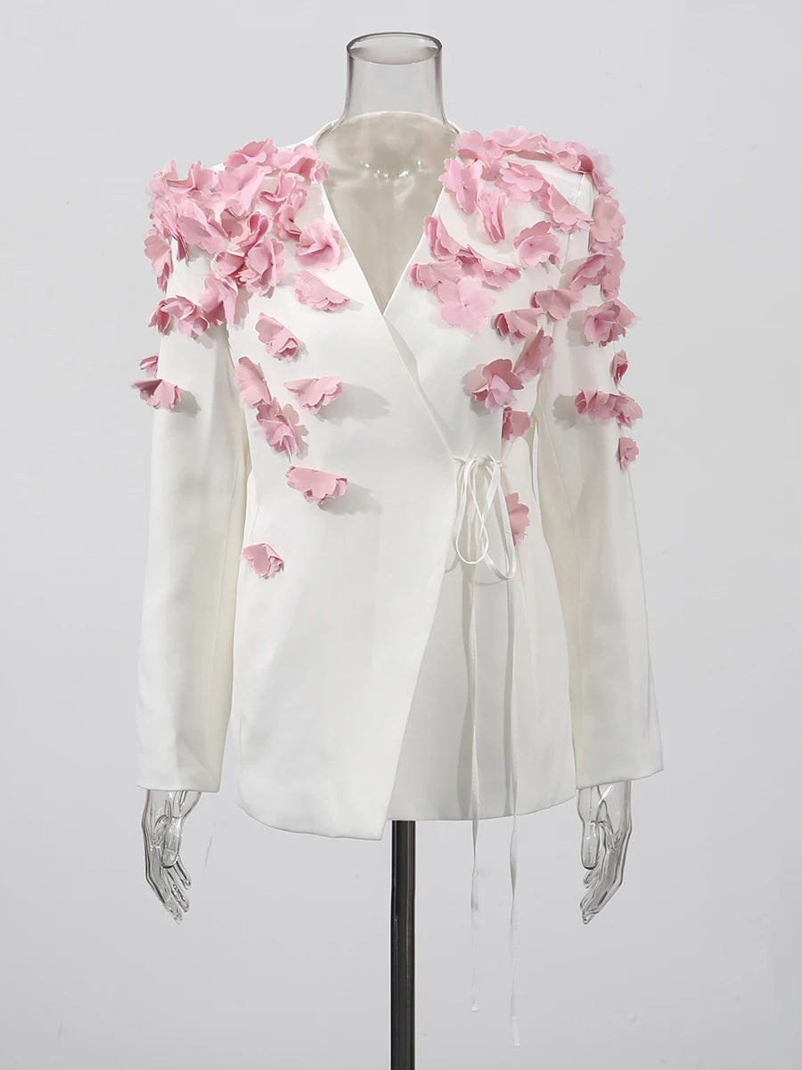 TWOTWINSTYLE Spliced Petal Two Piece Sets for Women V Neck Long Sleeve Patchwork Lace Up Top High Wasit Skirt Elegant Set Female