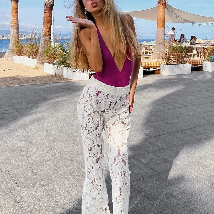 Mnealways18 Sexy Perspective White Flare Pants Summer Women Vacation High Waist Long Trousers Lace Beach Style Female Pants