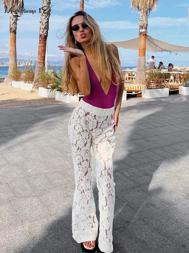 Mnealways18 Sexy Perspective White Flare Pants Summer Women Vacation High Waist Long Trousers Lace Beach Style Female Pants