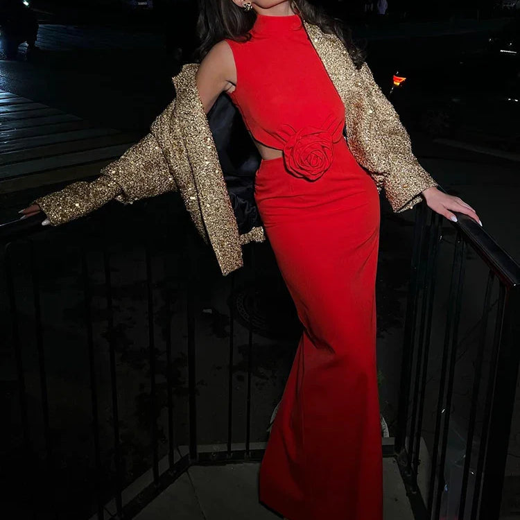 CNYISHE Elegant Bodycon Sexy Club Women Dresses Sheath Summer Sleeveless Outfits Hollow Out Fashio Turtleneck Female Vestidos