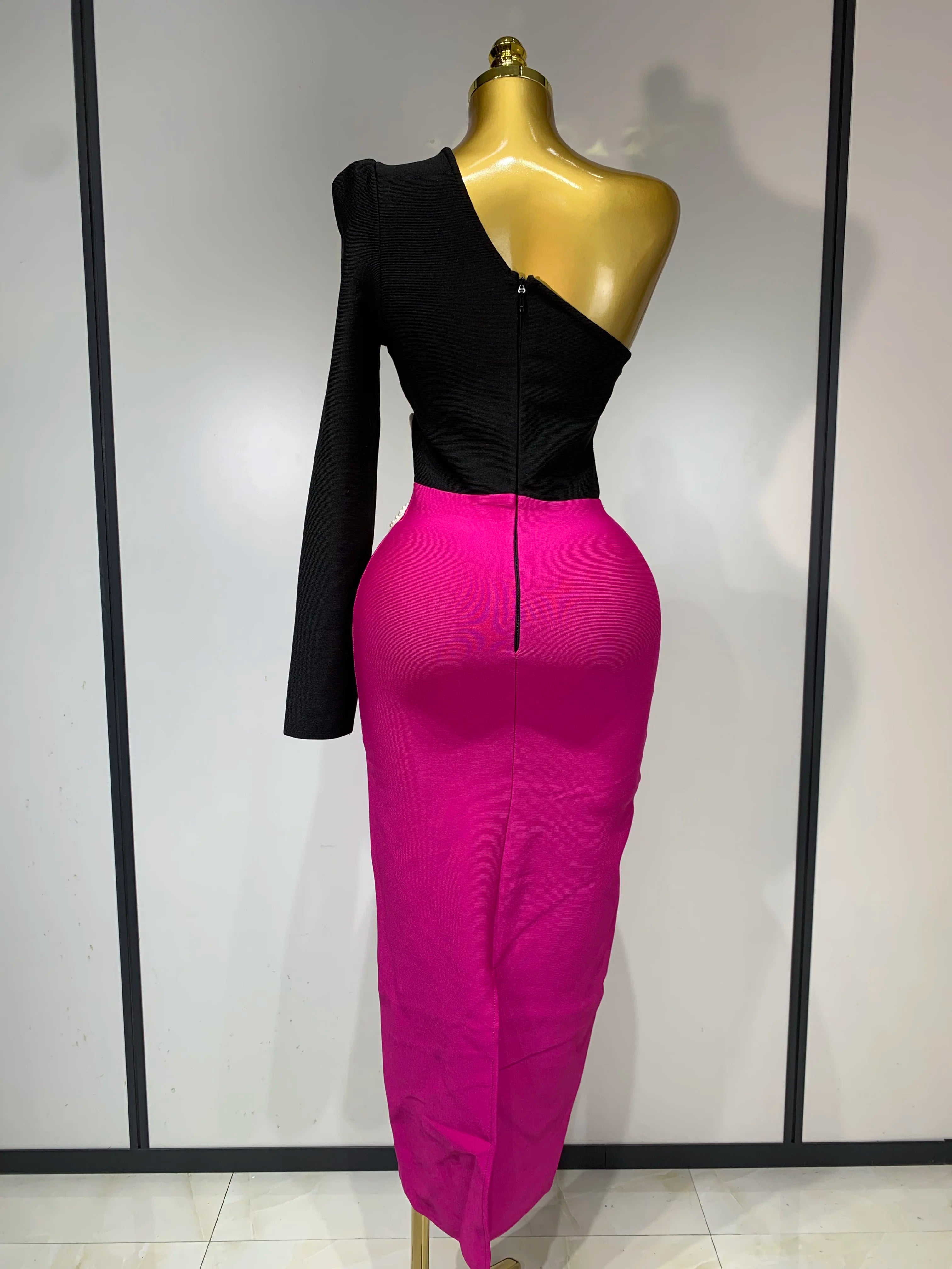 Women Sexy Single shoulder long sleeved Beading Bodycon Bandage Dress 2025 Celebrity Elegant Evening Luxury Dress Club Outfit