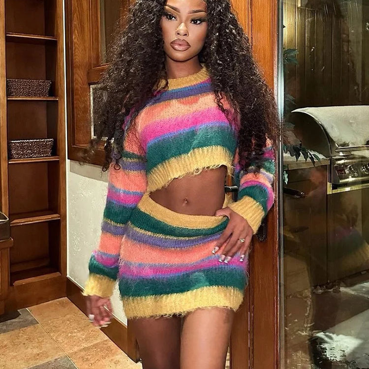 Weird Puss Fall Knit Women 2 Piece Set Tracksuit Casual Colorful Sweater Long Sleeve Crop Tops+Mini Skirts Matching Streetwear