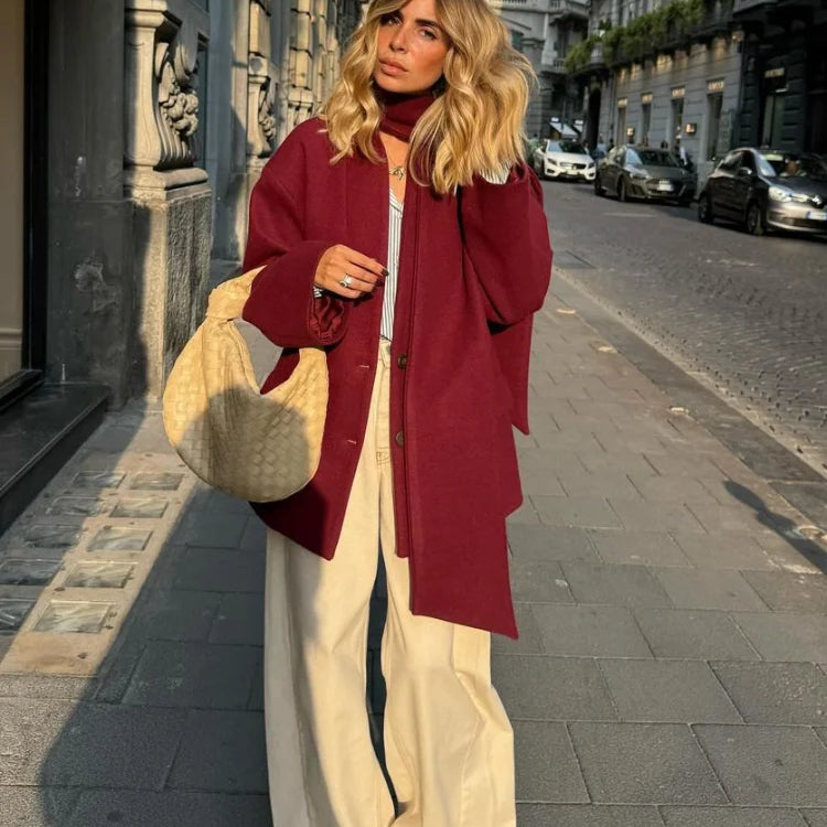 New Fashion Burgundy Red Woolen Suit Jacket With Scarf Collar Women Chic Oversized Flip Pockets Solid Coats Lady Streetwear