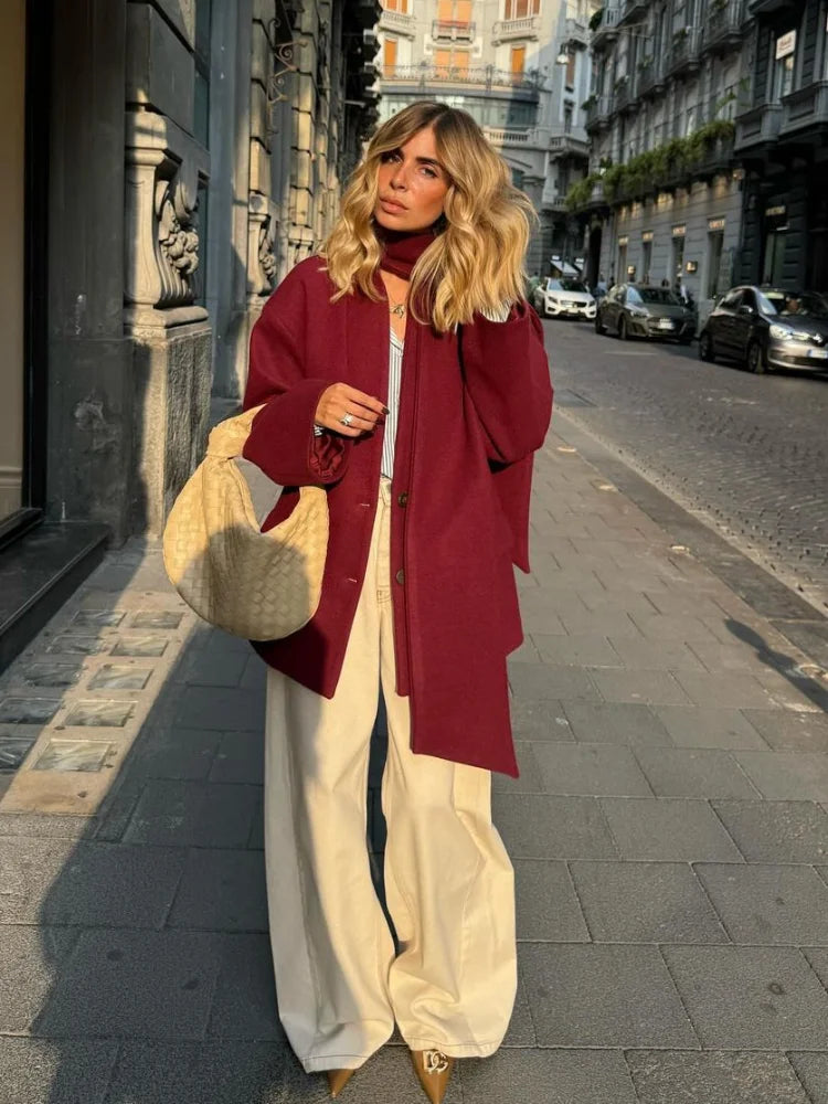 New Fashion Burgundy Red Woolen Suit Jacket With Scarf Collar Women Chic Oversized Flip Pockets Solid Coats Lady Streetwear