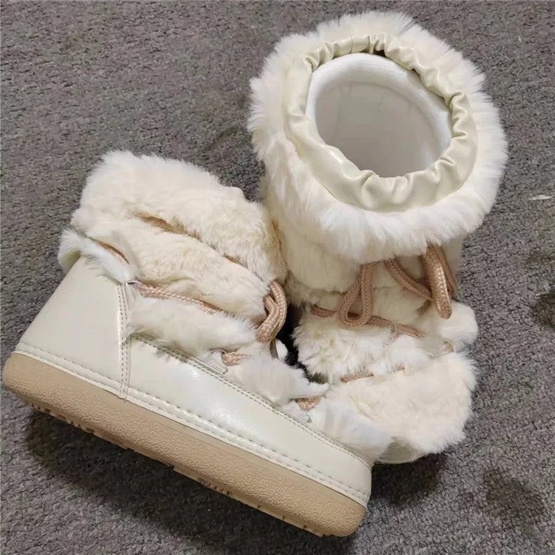Winter Fur Boots Snow Boots Women Ski Boots Fluffy Hairy Lace Up Middle Calf Platform Flat With White Cotton Boots beige short 666