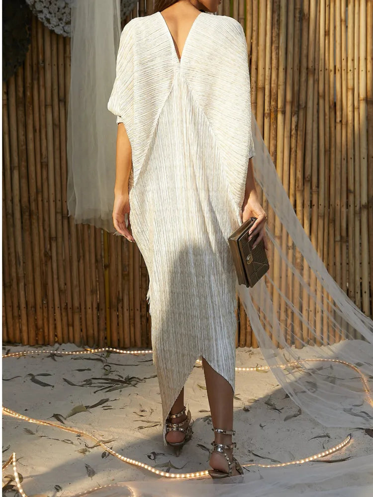 Miyake Tassel Pleated Batwing Sleeve Dress Women Spring Autumn New V-neck Casual Loose Solid Color Evening Dresses Female