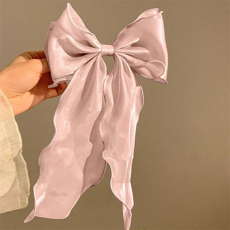 Sweet Chiffon Bow Hair Clips Girls Blue Shining Satin Bowknot Hair Clips Ribbon Bow Barrette Hairpin Grip Ponytail Clip Headwear Pink
