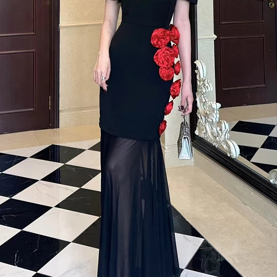 TWOTWINSTYLE Hit Color Slimming Spliced 3D Flower Elegant Dresses for Women Round Neck Short Sleeves Dress Femlae Clothing New