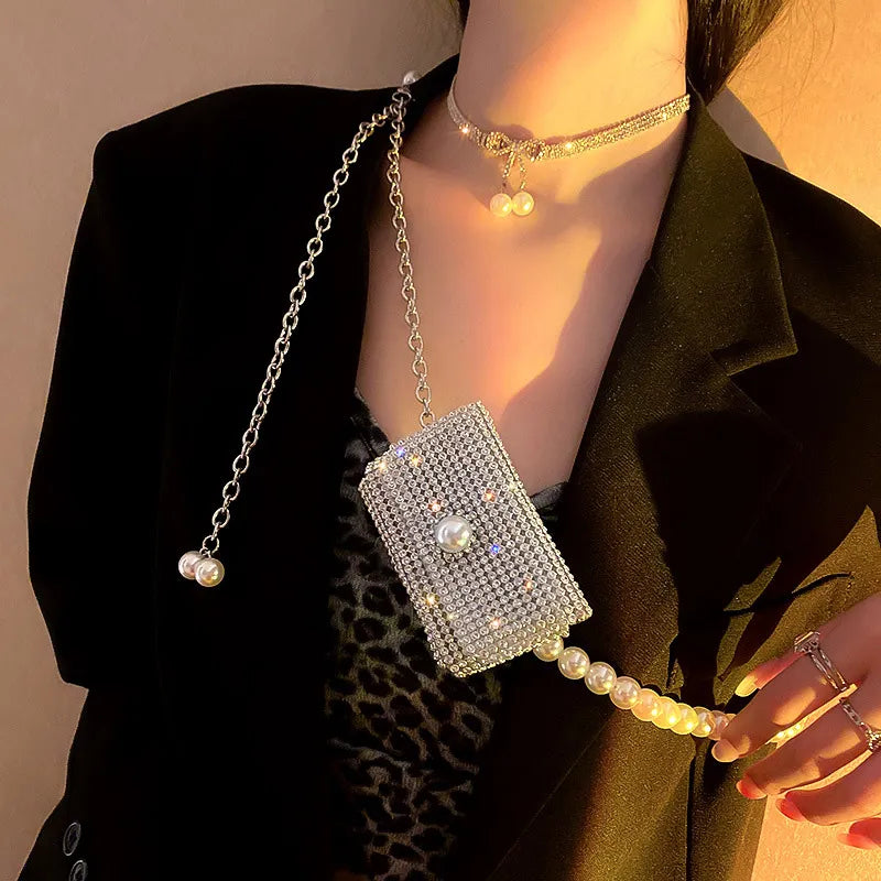 Fashion Rhinestones Pearl Chain Belt Cute Mini Bags for Women Quality Long Tassel Belt Bag Shoulder Messenger Bag - Basso & Brooke