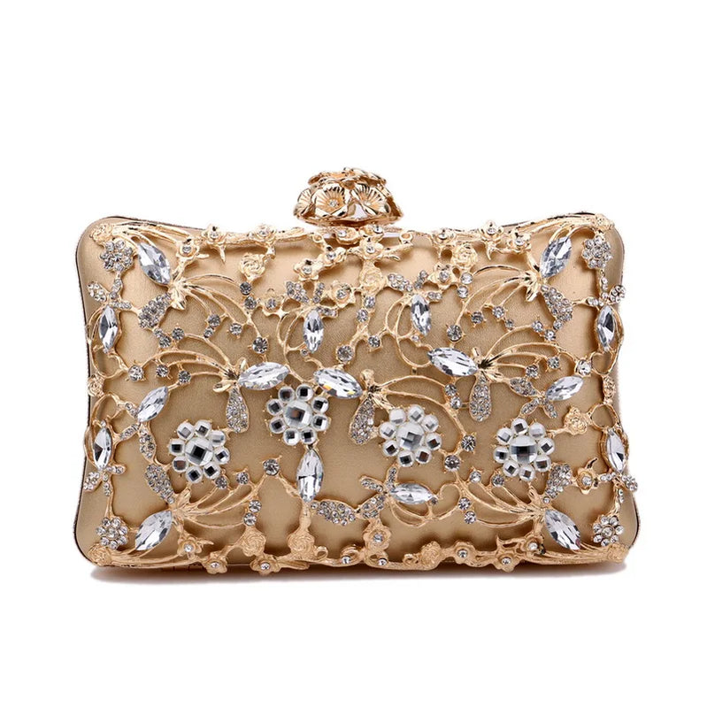 Rhinestones Women Bags Hollow Out Style Fashion Evening Bags Chain Shoulder Handbags Party Wedding Day Clutch Purse YM3107gold