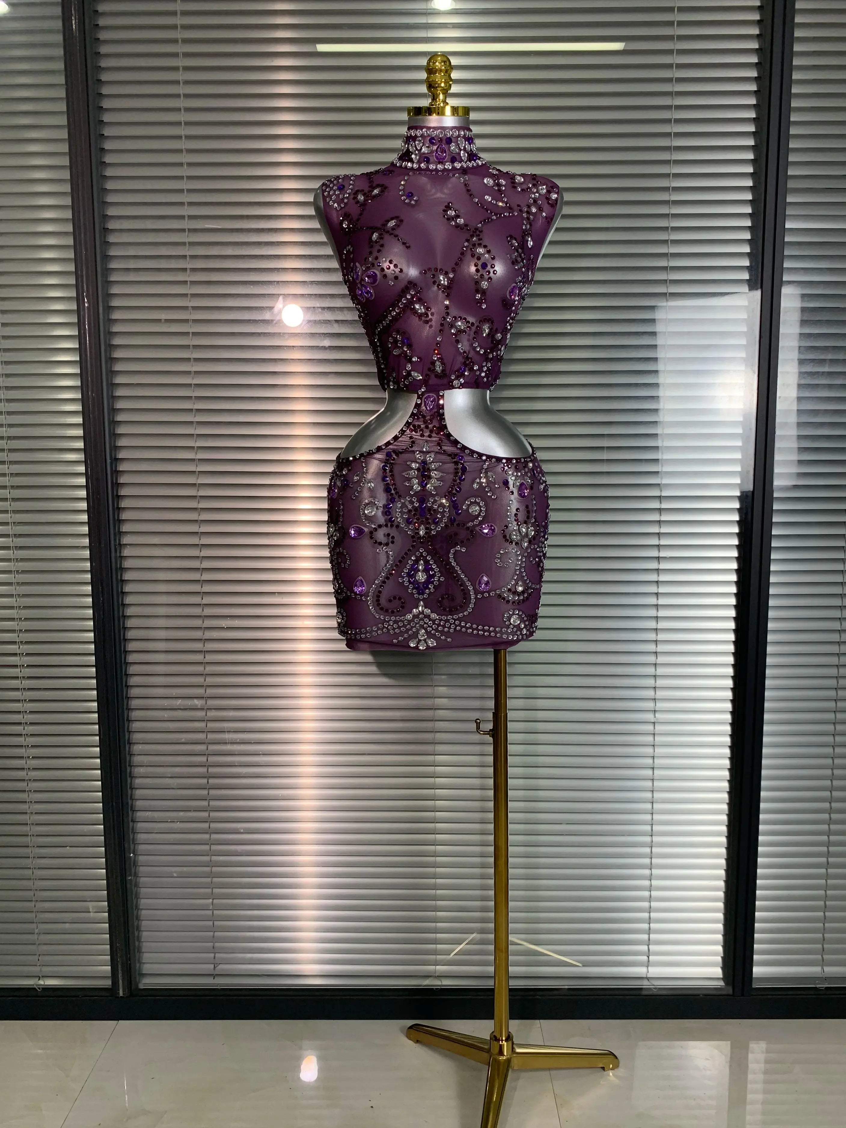 Women Sexy Mesh Crystal Diamonds Mini Purple Performance Costume Stage Dancer See Through Stretchy Night Club Party Dress