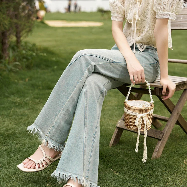 Flare Jeans for Women Retro Denim Blue Fashion Basic Straight High Waist Pockets Woman Full Length Pants MXC38K0108