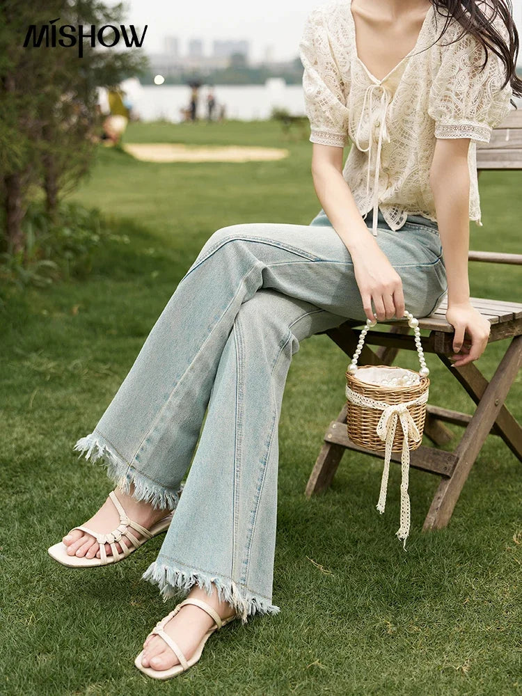 Flare Jeans for Women Retro Denim Blue Fashion Basic Straight High Waist Pockets Woman Full Length Pants MXC38K0108