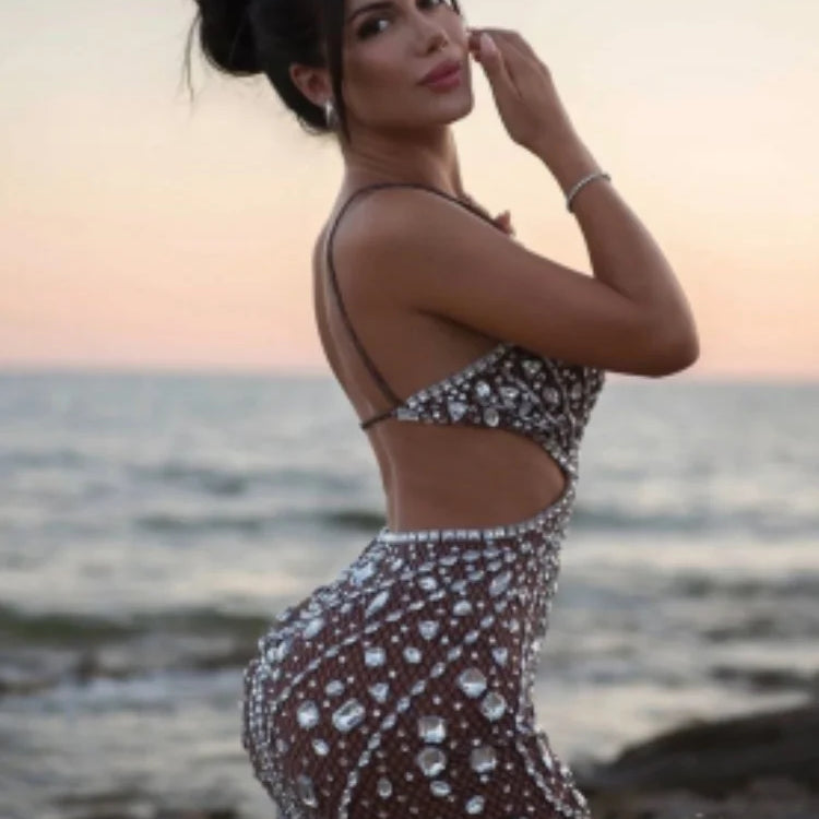 2024 New Fashion Women Sexy Off the Shoulder Mesh See Through Bodycon Mini Dress Crystal Nightclub Party Celebrate Stage Wear