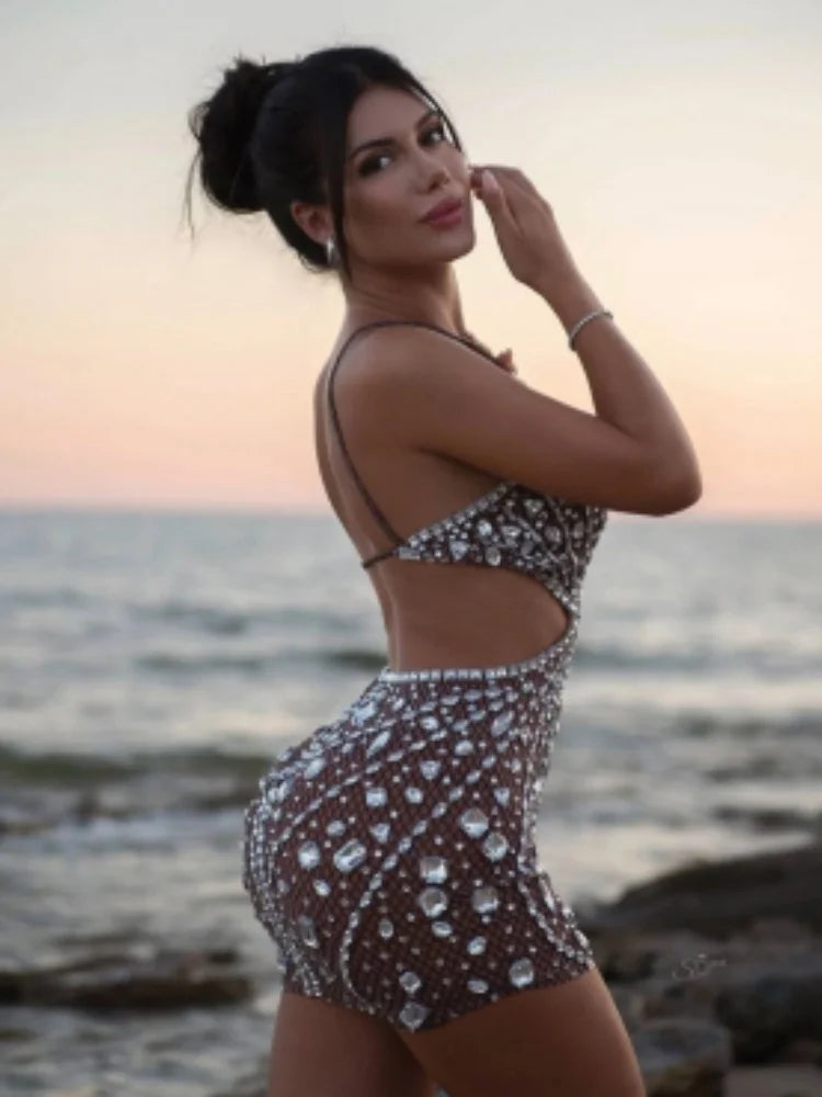 2024 New Fashion Women Sexy Off the Shoulder Mesh See Through Bodycon Mini Dress Crystal Nightclub Party Celebrate Stage Wear