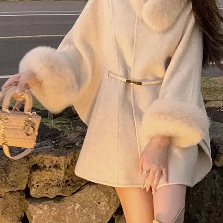 Elegant Women Woolen Coat Long Sleeve Korean Fashion Vintage Jackets Slim Solid Fairycore Autumn Winter Coats
